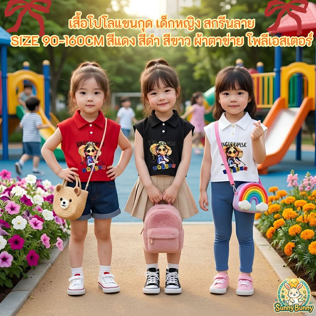 sunny_bunny เสื้อโปโลแขนกุด เด็กหญิง สกรีนลาย SIZE 90-160CM สีแดง สีดำ สีขาว ผ้าตาข่าย โพลีเอสเตอร์