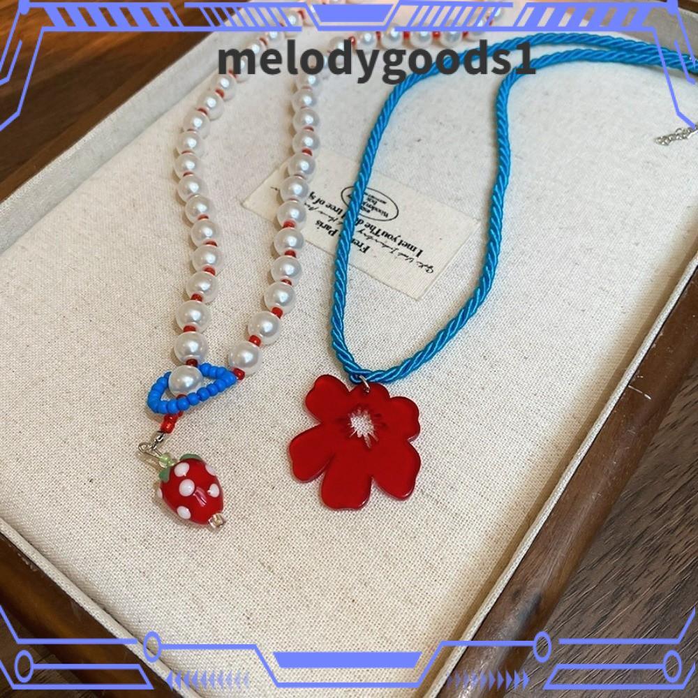 MELODYGOODS สร้อยคอดอกไม้ 2pca, สร้อยคอเชือกถักจี้สตรอเบอร์รี่อะคริลิค, โซ่ลูกปัดจําลองชั้นหวานฤดูร้