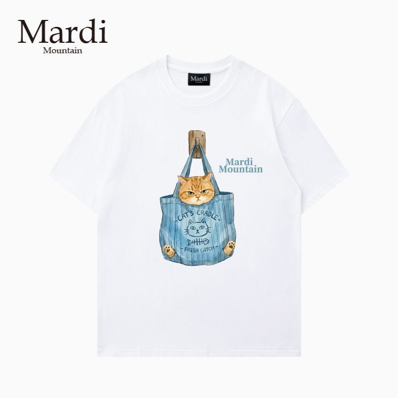 Mavvdi เวอร์ชั่นเกาหลี Street Wear สไตล์ใหม่แมวพิมพ์ผ้าฝ้ายแขนสั้นผู้ชายผู้หญิงเสื้อยืด6342343