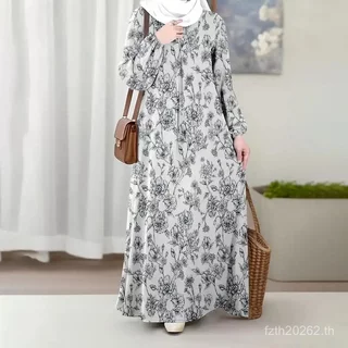 Elegant 2026 เสื้อผ้าสีเทา Draped Tailoring กระโปรงยาวนุ่มใช้หลวม Slim-fit เช่นผ้าพื้นหลัง Light พิมพ์ผล 3d ผ้าม่านแขนยาว Kaizhai เทศกาลมุสลิม