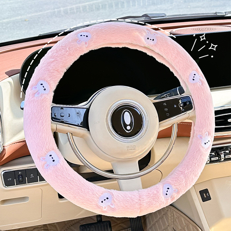 Car Steering Wheel Cover Cute Plush Bunny Steering Wheel Cover Cartoon Anti-Freezing Car Handle Cover b7az