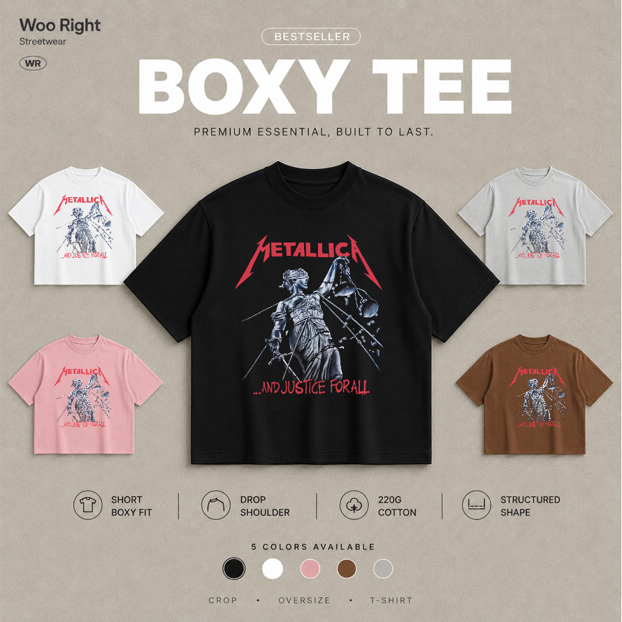 COD จัดส่งตลอด 24 ชั่วโมง Woo Right  Boxy crop tee เสื้อยืดผู้ชาย Boxy Cropped T-Shirt METALLICA พร้