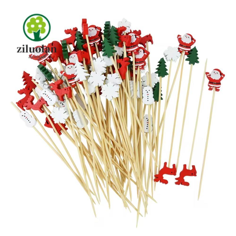 ZILUOLAN 50/100 ชิ้นผลไม้คริสต์มาส Picks, Santa Claus ต้นคริสต์มาสไม้จิ้มฟัน,ทิ้ง Xmas Party Supplies Snowman สลัดผลไม้ไม้ไผ่ Sticks ขนม