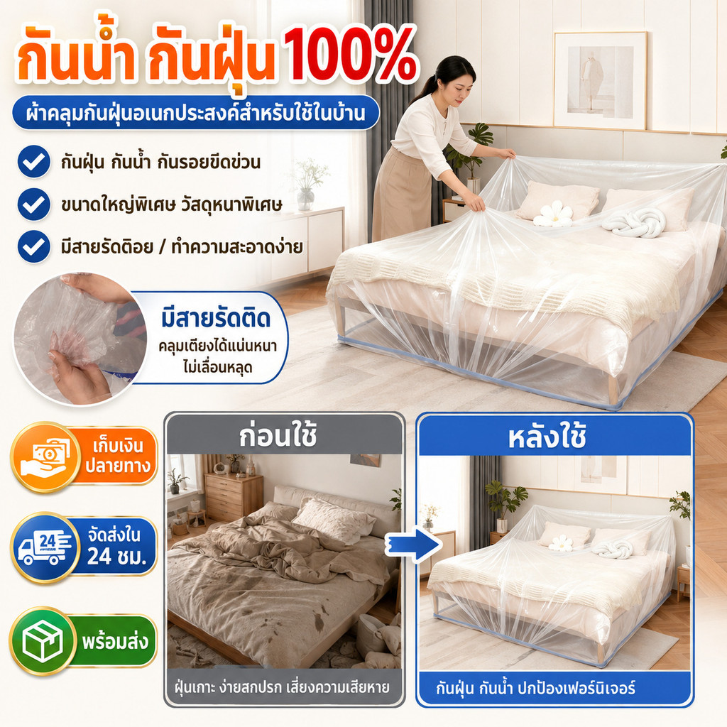 ✅ซื้อ1แถม 3✅ ผ้าคลุมกันฝุ่นกันน้ำ/ปลอกคลุมกันฝุ่นหนาพิเศษ【กันน้ำ กันเปื้อน หนาพิเศษ มีเชือกรูด ขนาดใหญ่】 ผ้ากันน้ำหนาพิเศษ/เนื้อผ้าแน่น | ฝุ่นเกาะ/น้ำซึม/เปื้อนง่าย | ปกป้องสิ่งของจากฝุ่นและน้ำ/รักษาความสะอาด | คลุมทีวี/คลุมแอร์/คลุมเฟอร์นิเจอร์