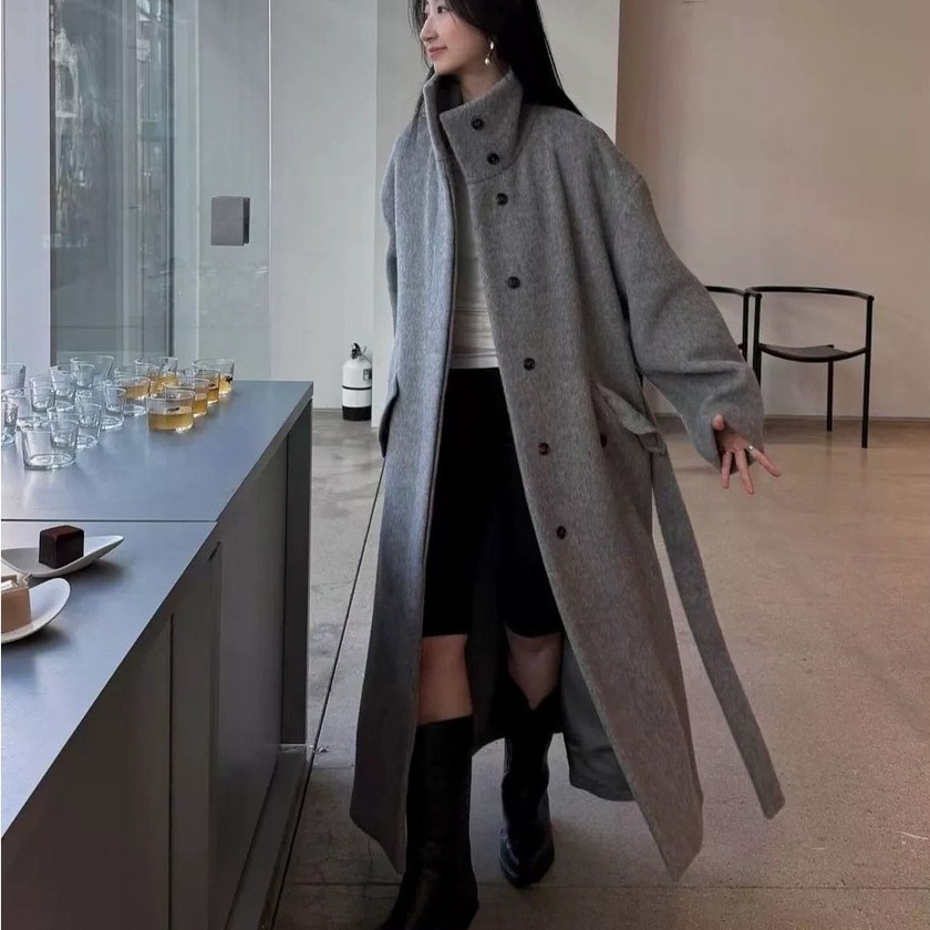 ตอนนี้ 2025 Winter Korean Designer mon * ha Pocket Alpaca เสื้อโค้ทขนสัตว์เอวแคบ