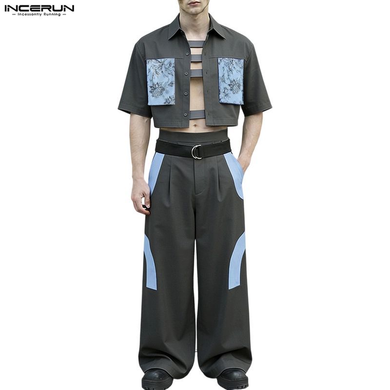 INCERUN ผู้ชายเกาหลีฟังก์ชั่น Cargo Street สไตล์ปกแขนสั้น Contrast พิมพ์กางเกงขากว้างสองชิ้น