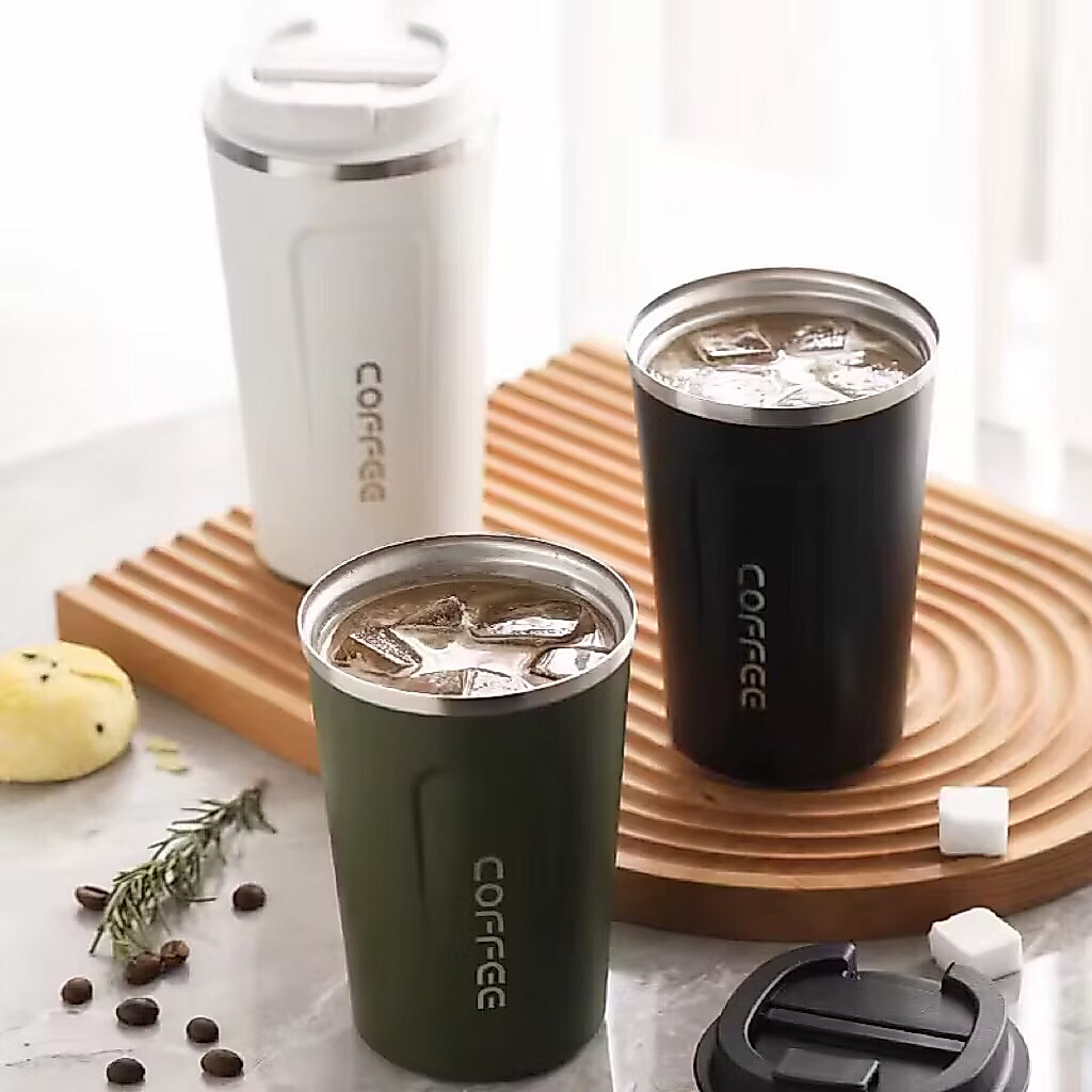 แก้วกาแฟแบบพกพา 380 มล. พร้อมฝาปิดกันรั่ว ขวดน้ำ ฉนวนกันความร้อนแบบสูญญากาศ สแตนเลส สำหรับน้ำร้อนและเย็น กาแฟและชา