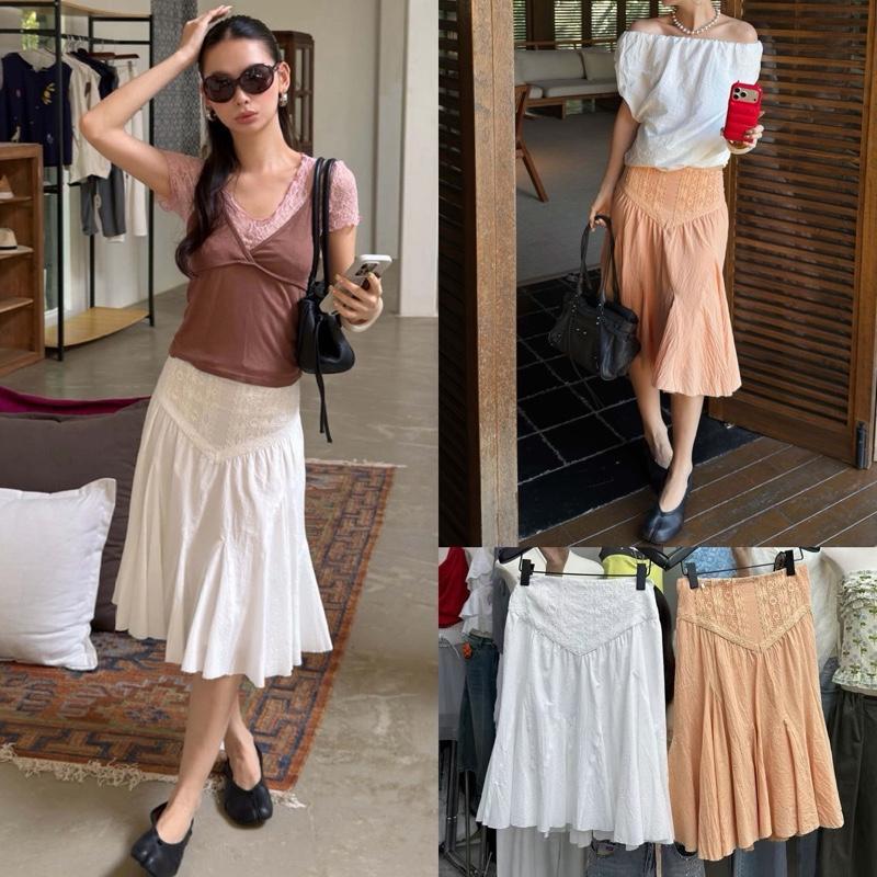 BY0588 กระโปรงปลายหางปลาทรงเข้าเอว ผ้าคอตตอน100%ปลายตัด benly co