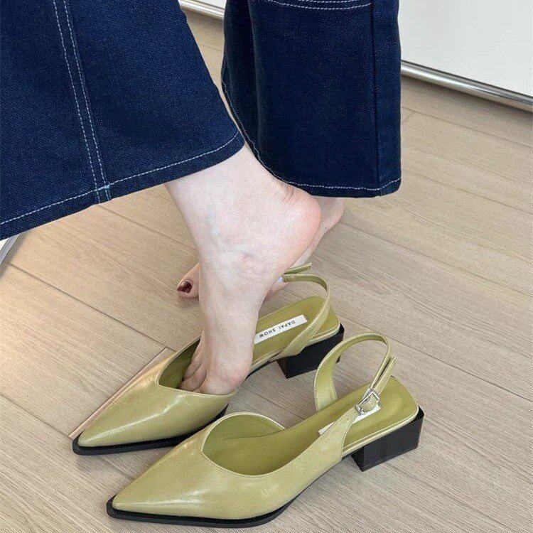 Classy cm Heel Shoes Summer Toe-Covered French Sandals Pointed Toe Mid- Heel Shoes Fashion
