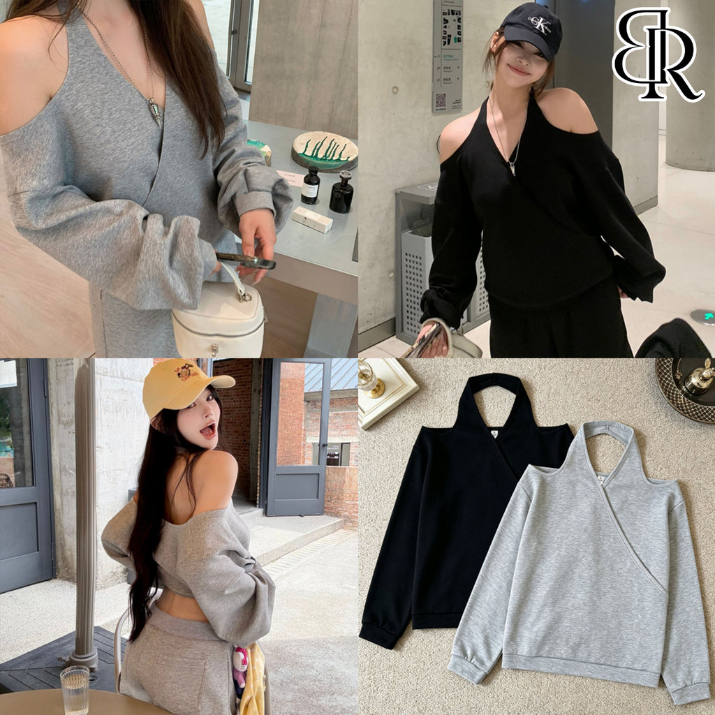 B&R พร้อมส่ง เสื้อสเวตเตอร์ผู้หญิงสายคล้องคอเปิดไหล่ สไตล์เกาหลีสบายๆทรงหลวมเสื้อแขนยาว วีเน็คครอสหน้าอก