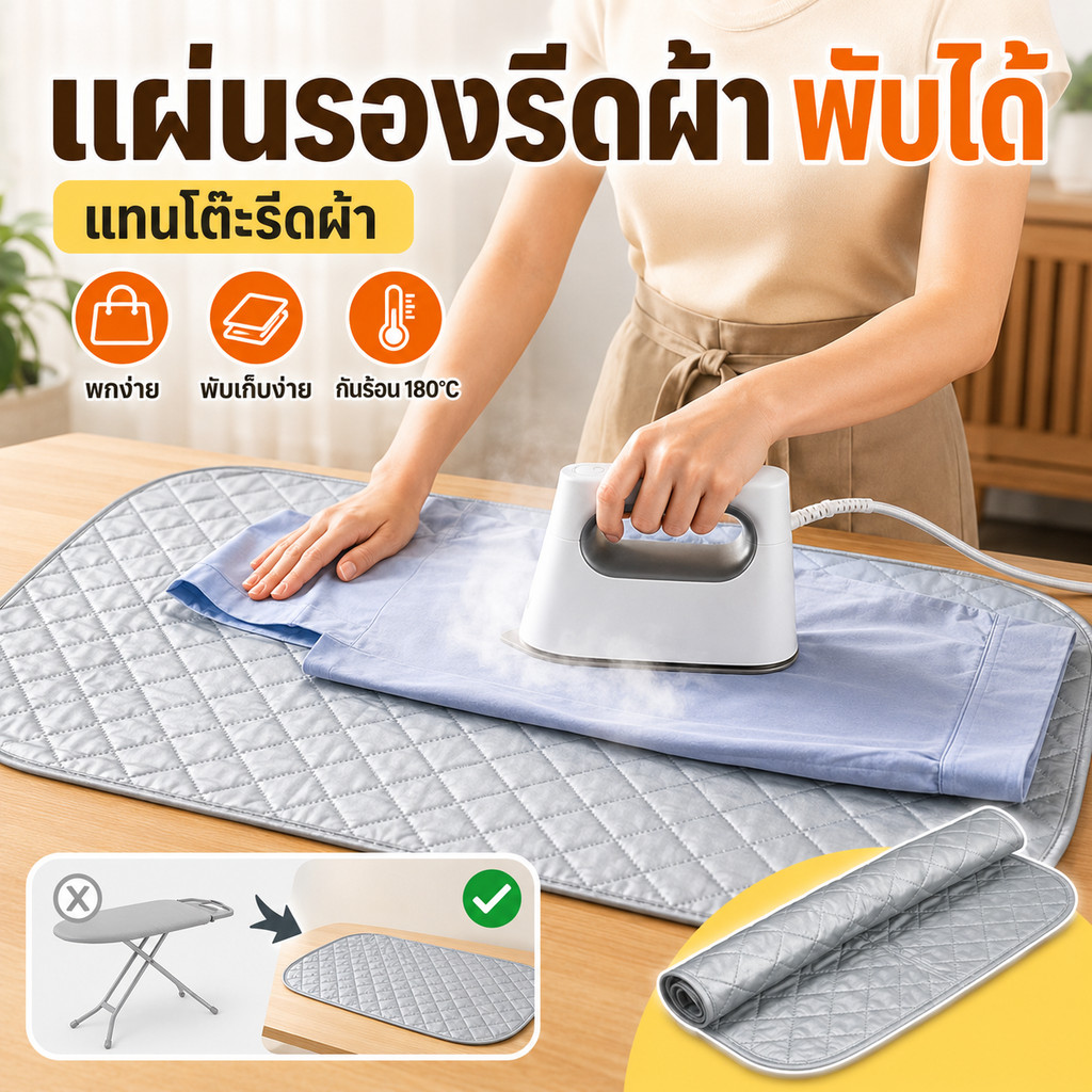 แผ่นรองรีดผ้าพับได้ 45x85ซม. พร้อมแม่เหล็ก ทนร้อน180°C ใช้แทนโต๊ะรีดผ้า พกพาง่าย ประหยัดพื้นที่ บ้าน คอนโด หอพัก สีเงิน
