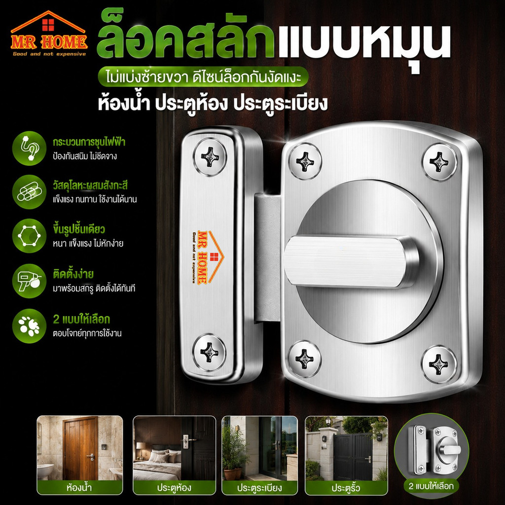 กลอนล็อคแบบบิด 2ขนาดให้เลือก(42mm/55mm) กลอนหมุนประตูสแตนเลส304 กันสนิม ระบบล็อคแน่นหนา ปลอดภัย100%