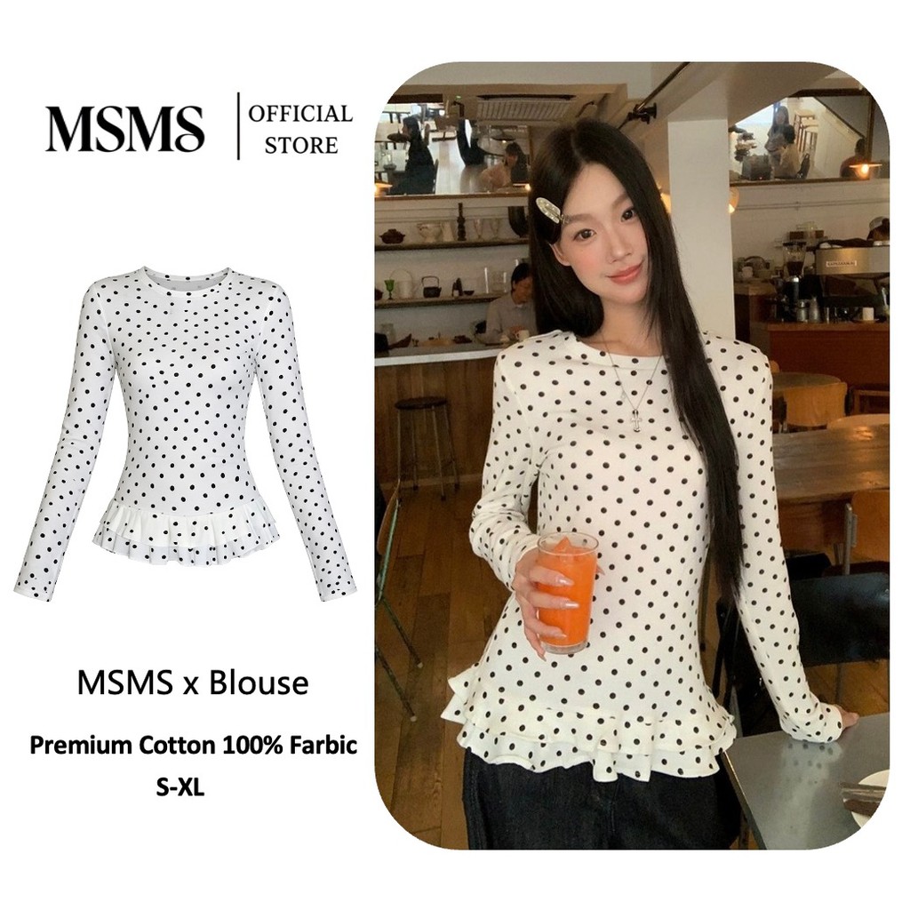 MSMS เสื้อยืดผู้หญิง Polka Dot Ruffled Long Sleeve Top🔥ชุดเดรสสวยๆ🔥