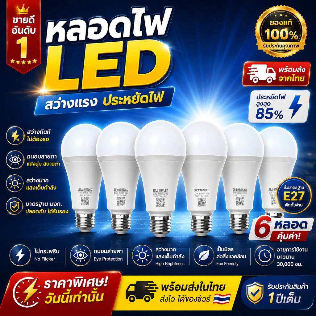 [5 แถม 1 ฟรี] หลอดไฟ LED ขั้ว E27 หลอดประหยัดไฟ5W/7W/9W/12W/15W แสงวอร์ม/แสงขาว ถนอมสายตา 15000ชม ใช้ไฟฟ้า220V