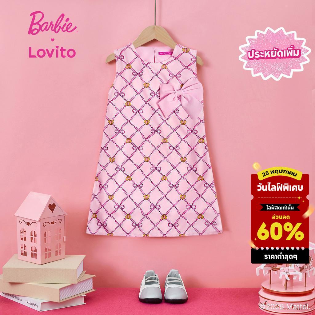 Barbie™ X Lovito Kids เดรสเด็กผู้หญิงสีชมพูฤดูใบไม้ผลิ/ฤดูร้อนพร้อมโบว์น่ารัก DRBL3PAD003