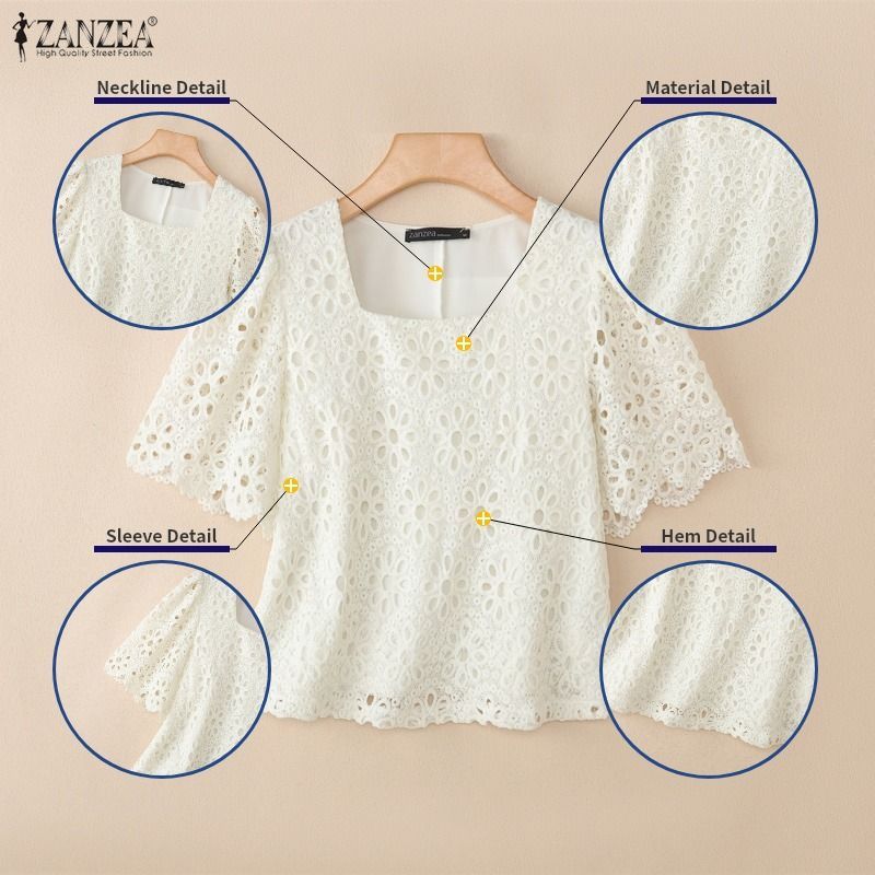 ZANZEA ใส่ ซานเซีย ผู้หญิงเกาหลีหรูหราหรูหราสแควร์คอแขนบานกลวงลูกไม้โครเชต์เสื้อ — صورة 7