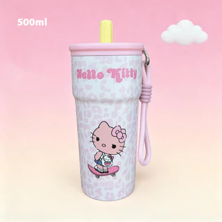 แก้วสแตนเลส 316 ขนาด 500 มล. ลายการ์ตูน สำหรับกาแฟ พกพาสะดวก มีหลอดดูด เหมาะสำหรับใช้กลางแจ้ง