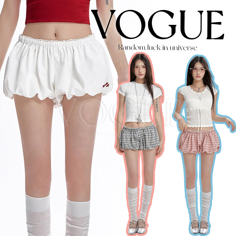 Vogue🌟พร้อมส่ง🌟 กางเกงขาสั้นทรงบอลลูน ลายสก็อตเอวยาวยืด ใส่สบายมี3สีน่ารักๆ (NZ3783)