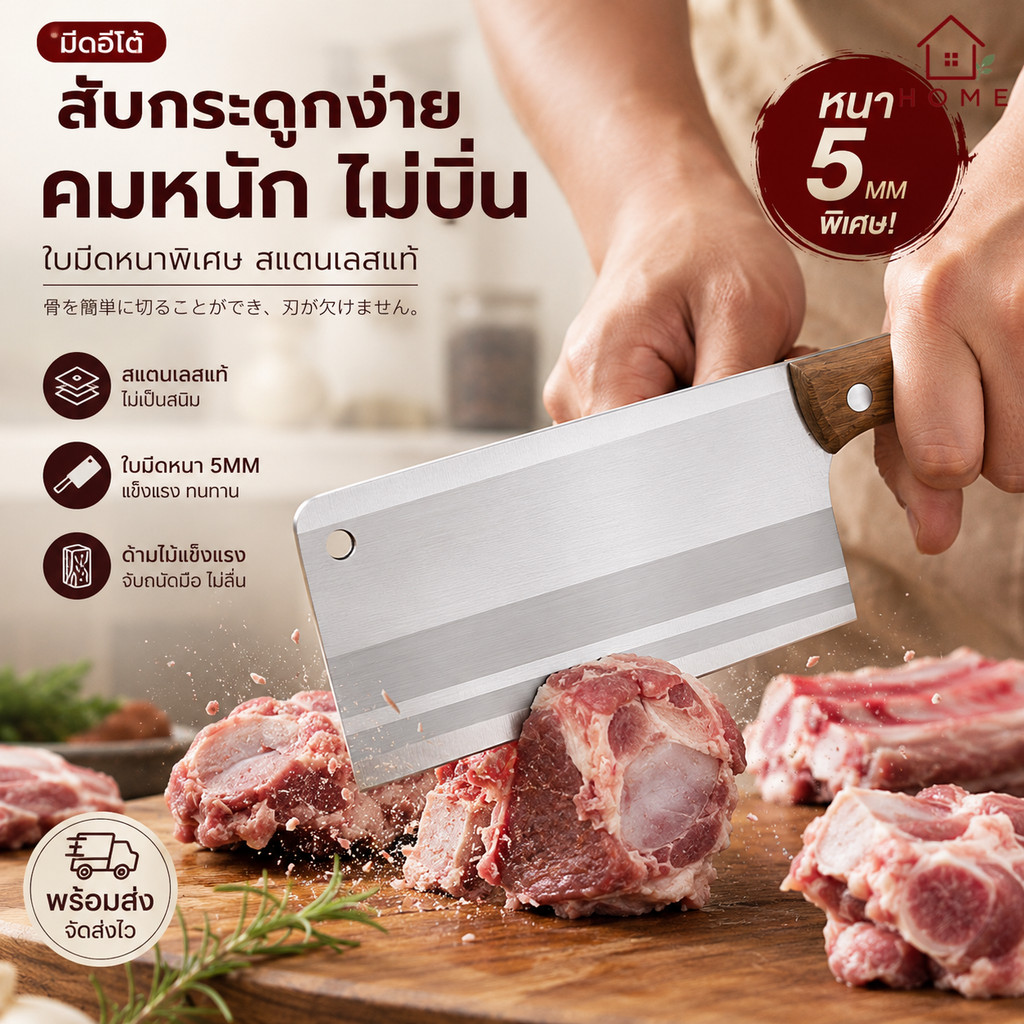 Home007 มีดสับกระดูก มีดอีโต้ มีดปังตอ 480g. มีดทำครัว มีดสับ เกรดพรีเมี่ยม เนื้อหนา แข็งแรง Eto Knife