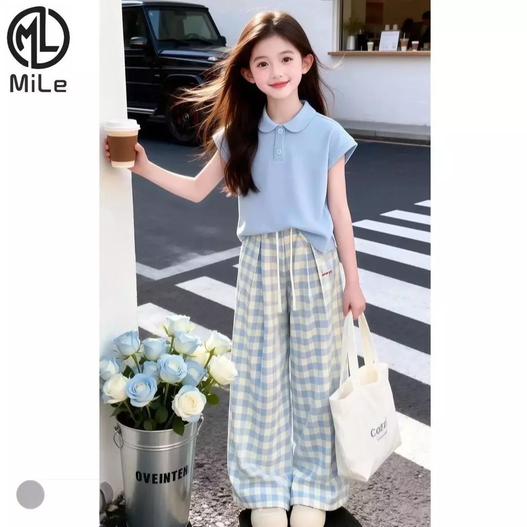 [ML] 80-180CM Girls Fashion Casual POLO Shirt กางเกงลายสก๊อตฤดูร้อนสไตล์ใหม่เด็กใหญ่แฟชั่นเกาหลีรุ่นอินเทรนด์ Influencer เสื้อผ้า