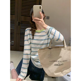 Vogue🌟พร้อมส่ง🌟 เสื้อโอเวอร์ไซส์แขนยาวคอกลม ลายทางสีพาสเทลน่ารักๆ บางเบาใส่สบาย (B357)