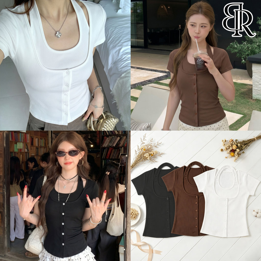 B&R พร้อมส่ง เสื้อยืดแขนสั้นผู้หญิงคอหุ้มคอแยกชั้น เสื้อสั้นทรงกระชับ มีปุ่มหน้าอกใช้งานได้จริง