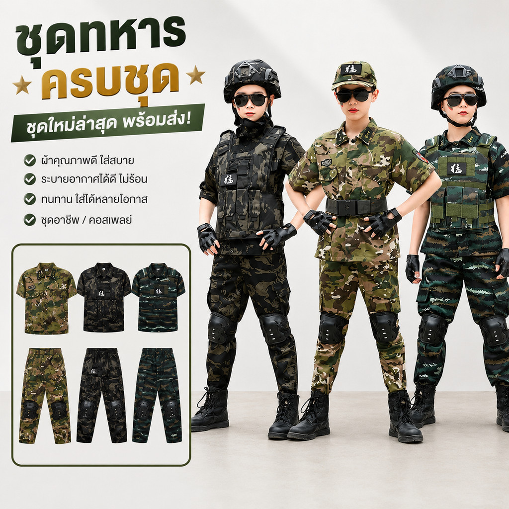 จัดส่งภายใน 24 ชม. ชุดทหารเด็กครบเซ็ต ใหม่เอี่ยม พร้อมหมวก ชุดอาชีพคอสเพลย์เด็กชายหญิง ใส่กิจกรรมโรงเรียน เท่สมจริง