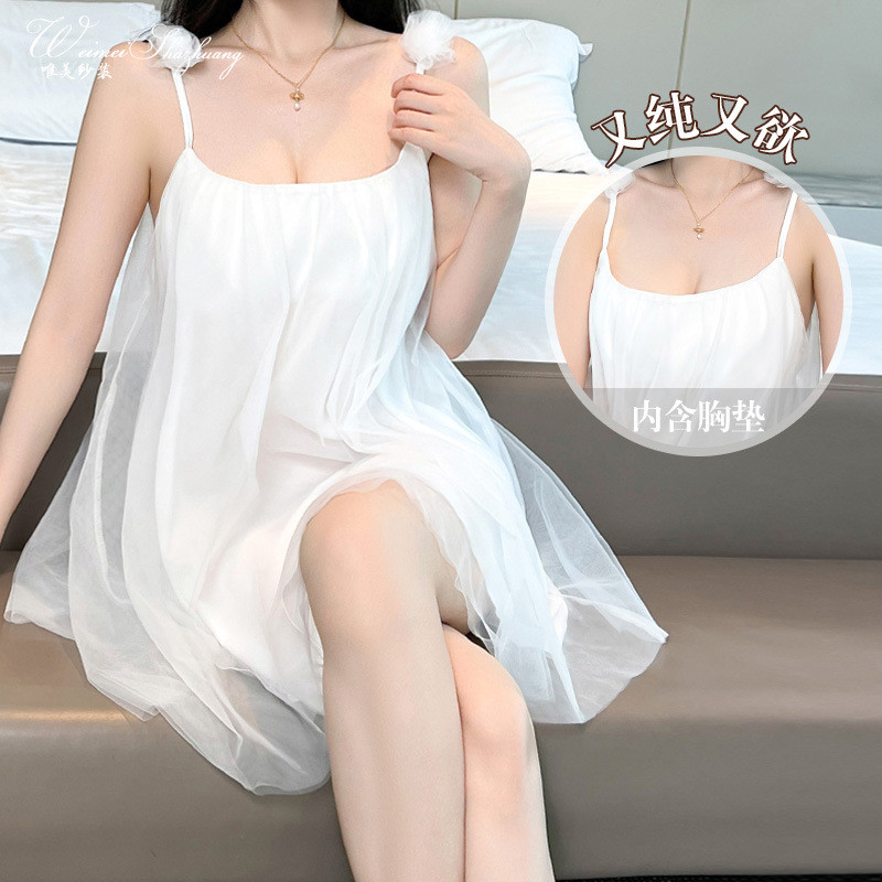 เส้นด้ายสวยหวานบริสุทธิ์ปรารถนาสไตล์สลิงชุดนอนผู้หญิงกับแผ่นหน้าอกสไตล์นางฟ้าดอกไม้ผ้ากอซชุดนอนบ้าน 