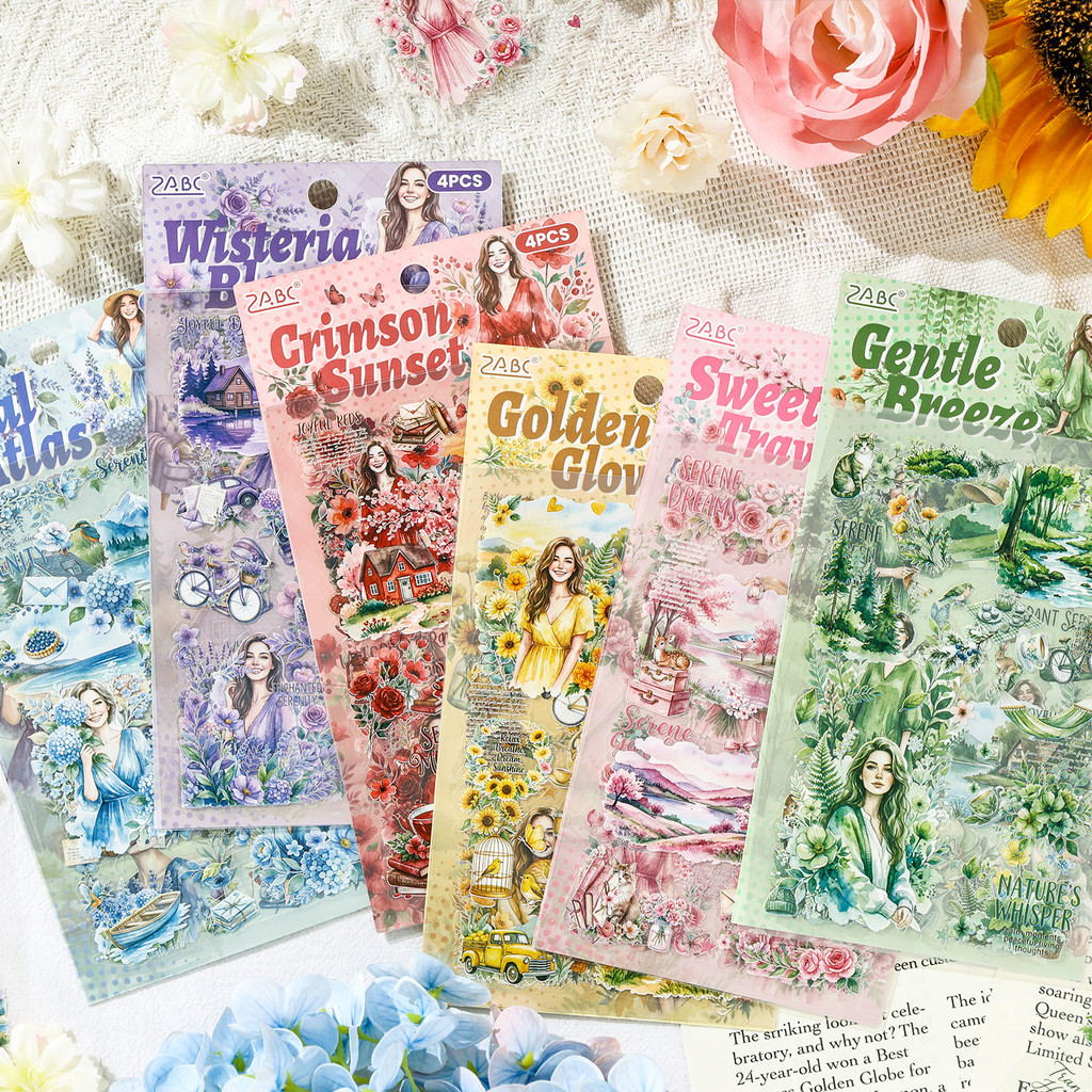 QOUZMO 4PCS Aesthetic Floral PET Die Cut สติกเกอร์กันน้ําสมุดภาพ Collage สติกเกอร์ Junk Journal Planner DIY Decor Wild Garden Wanderlust Series