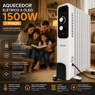 Aquecedor A Óleo Agrantt 1500W 3 Níveis 7 Pinos Elétrico Portátil Silencioso Quarto Sala Escritório