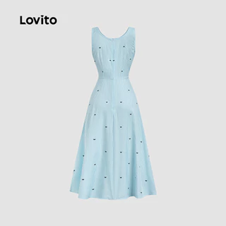 Lovito สง่างาม เดรสสำหรับฤดูใบไม้ผลิ/ฤดูร้อน สีฟ้าเนื้อผ้าโปร่งเล็กน้อย สำหรับผู้หญิง เดรสเที่ยวเขา L178ED455
