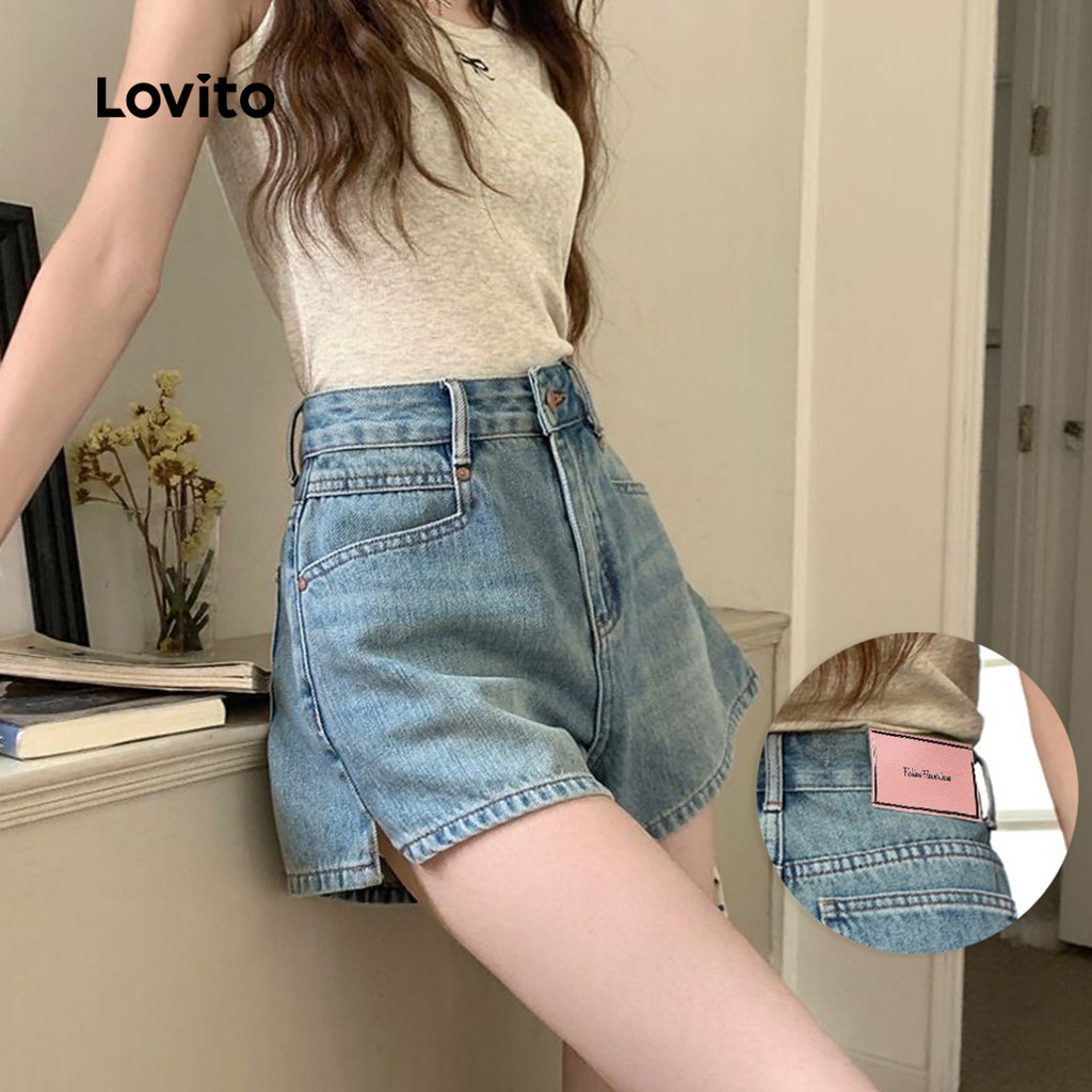 Lovito กางเกงขาสั้นเดนิมลําลอง สีฟ้า สําหรับฤดูใบไม้ผลิและฤดูร้อนดีไซน์ผ่าข้าง L191AD081