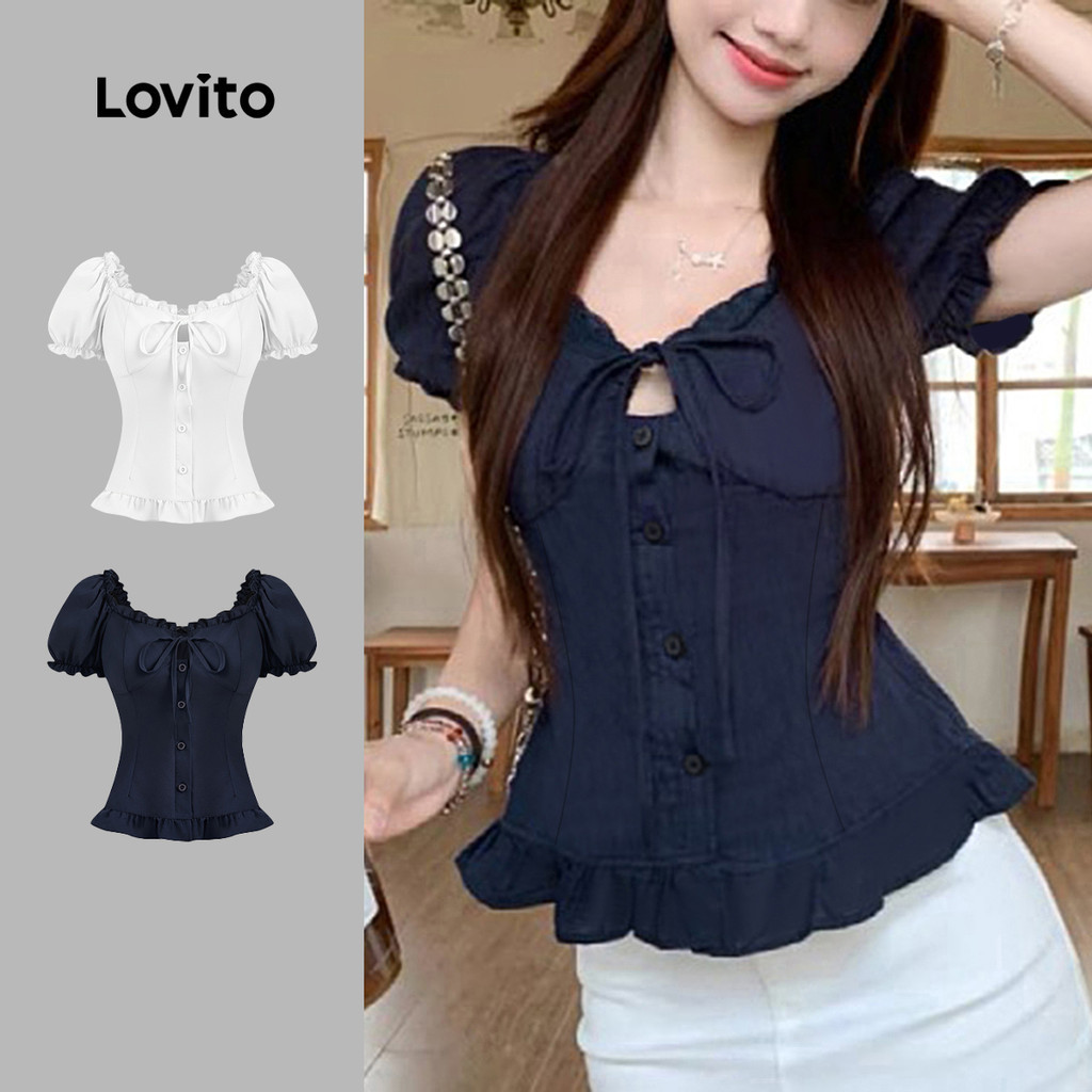 Lovito เสื้อเชิ้ตแขนยาวลายลูกไม้สไตล์แคชชวล สีกรมท่า สำหรับฤดูใบไม้ผลิ/ฤดูร้อน L156AD085