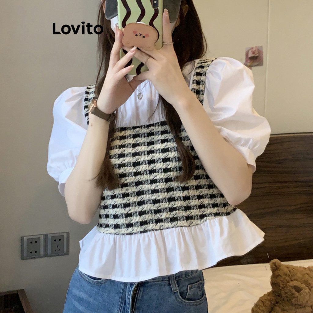 (Trendy) Lovito เสื้อลําลอง ลายกิงแฮมแจ็คการ์ดเสื้อฤดูร้อน/ฤดูใบไม้ผลิสําหรับผู้หญิง L114AD317
