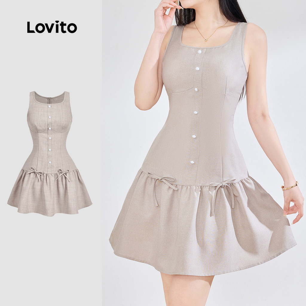 Lovito เดรสสวยหรู ผูกโบว์ด้านหน้า ติดกระดุมด้านหน้า ชายกระโปรงระบาย สีเบจอ่อน สำหรับผู้หญิง เหมาะสำหรับฤดูใบไม้ผลิ/ฤดูร้อน L155ED1457