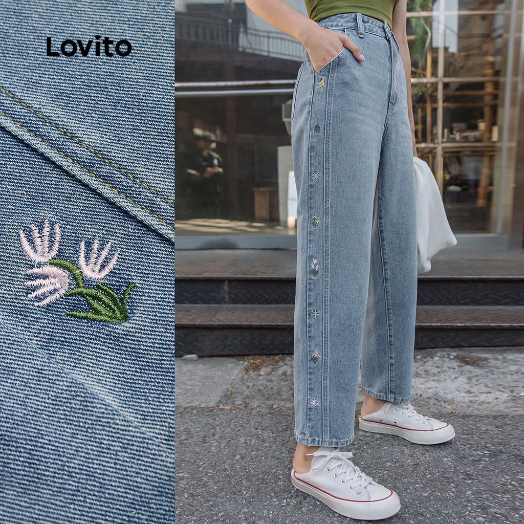 Lovito กางเกงยีนส์ลําลองผู้หญิง ลายกระเป๋าสีน้ําเงิน L177ADD387