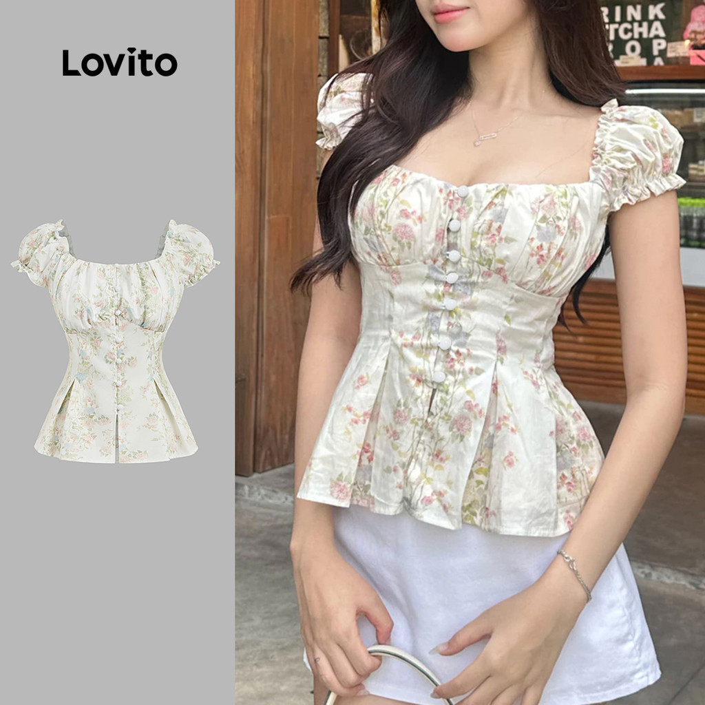 Lovito เสื้อเชิ้ตลำลองสำหรับวันสงกรานต์ กระดุมหน้า สำหรับผู้หญิง ฤดูใบไม้ผลิ/ฤดูร้อน L171AD138