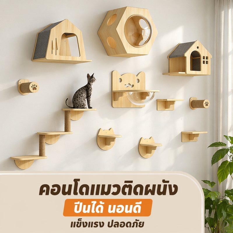AimayaPet คอนโดแมวติดผนัง ชั้นปีนแมว เตียงแมวไม้ บ้านแมว ไม้แท้ แคปซูลใส เชือกป่าน ที่นอนแมว ของเล่นแมว