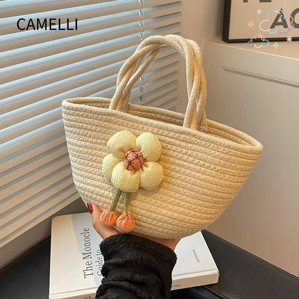CAMELLI กระเป๋าถือ, กระเป๋าโท้ทกันน้ําความจุสูง, กระเป๋าผ้าทอฟางเข้าชุดแฮนด์เมดแบบพกพาฤดูร้อน