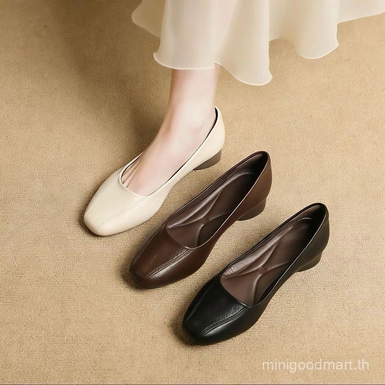 Soft-Soled French Square Toe Shoes All-Match Classy Soft Leather Pumps Slip-On Mother Shoes