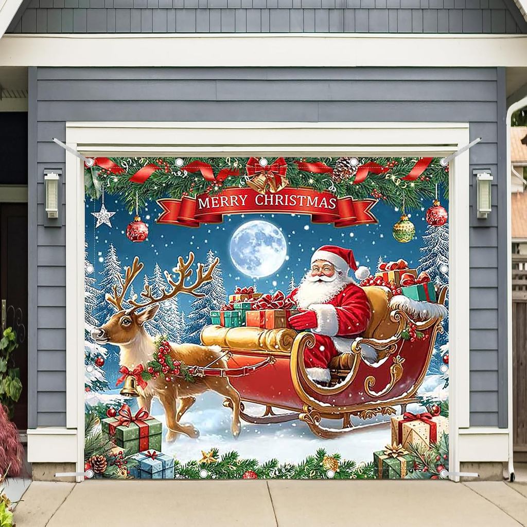 1PC 8x7ft Merry Christmas โรงรถประตูแบนเนอร์ตกแต่ง Xmas Tree Santa Sapatos Sled Snowy Night การถ่ายภ
