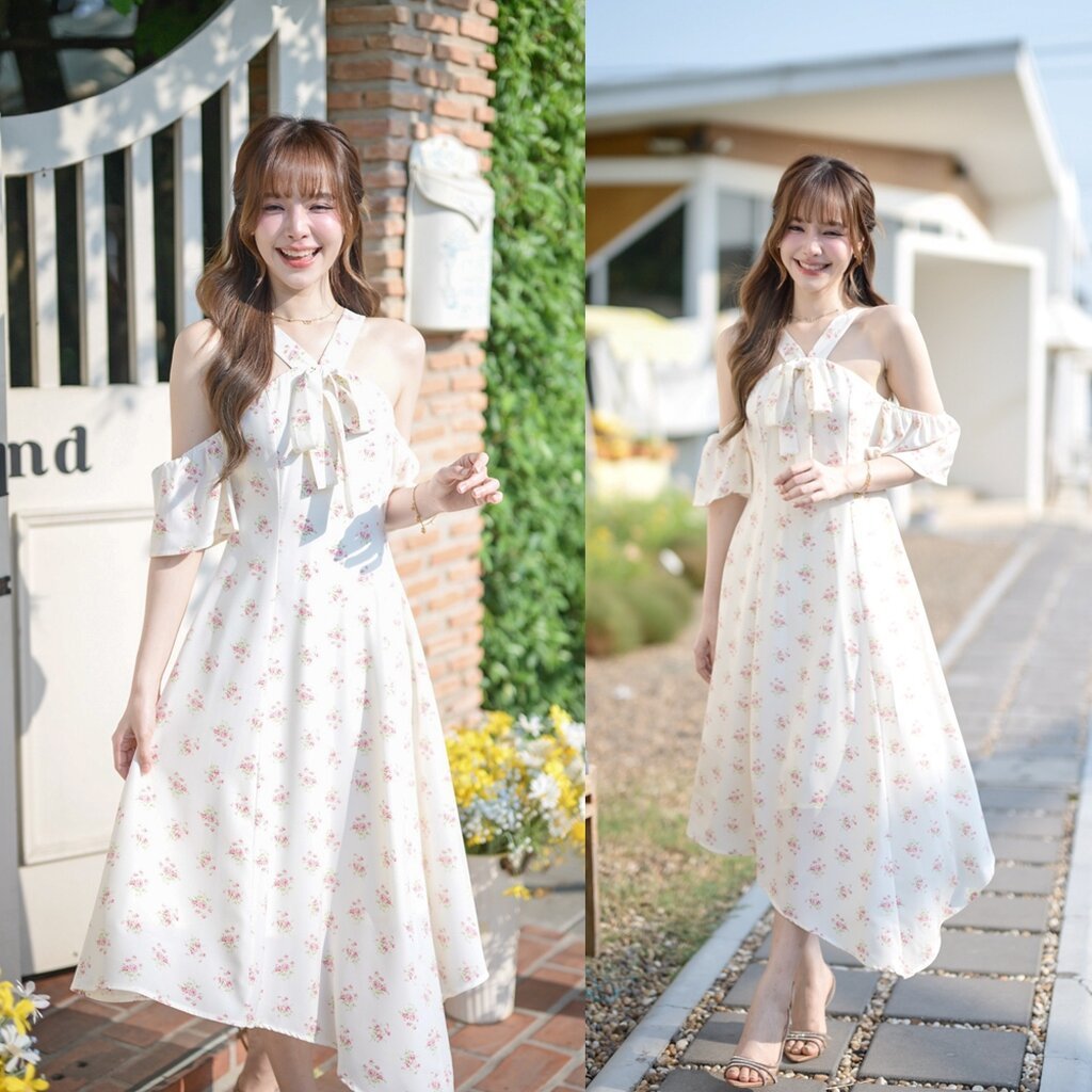Ribbon Garden Midi Dress มิดี้เดรสกระโปรงเฉียง : โทนสีขาวออฟไวท์ [Made by Pastel Time]