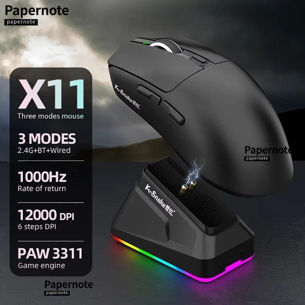 PAPERNOTE เมาส์ไร้สาย, 12000 DPI X11 PAW3311 Tri-Mode Bluetooth Mouse, Ergonomic Programmable ฐานชาร