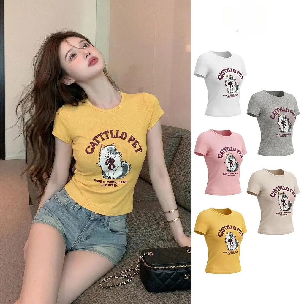 เสื้อยืดแขนสั้นคอกลมสไตล์สาวฮอตหวานแซ่บ พิมพ์ลายแมวเหมียวน่ารัก ทรงกระชับดูผอมลง เข้ากับทุกชุด ผ้าคุณภาพสูง ดูดเห