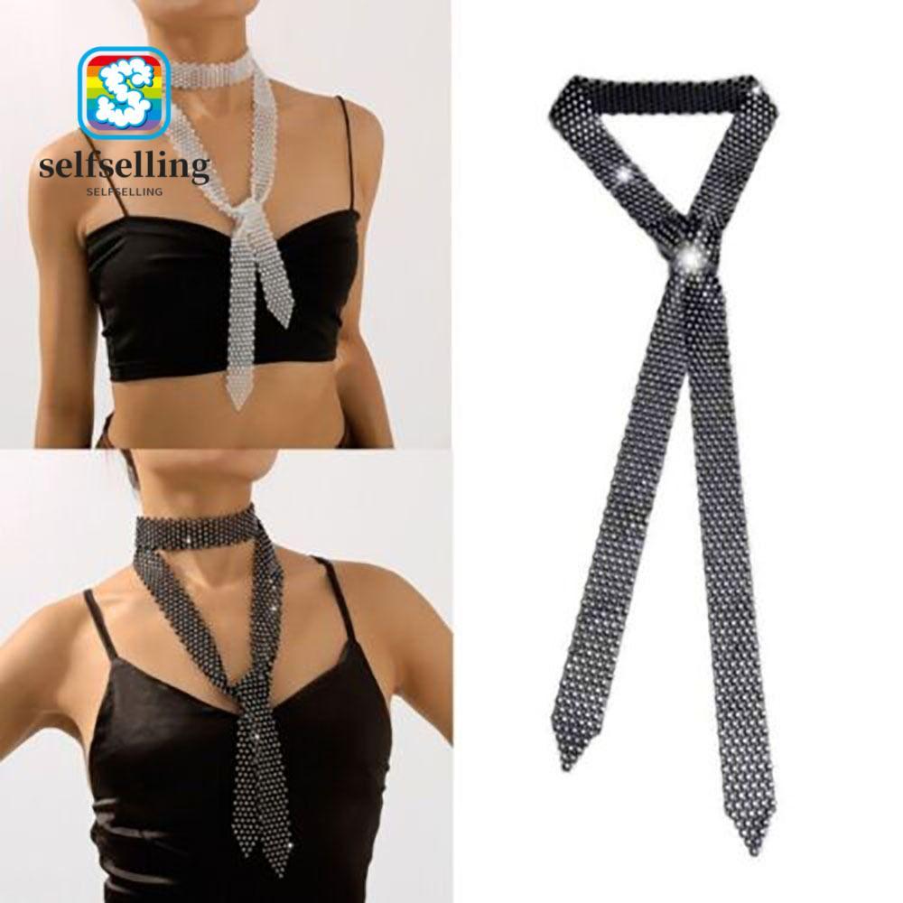 SELFS Tie Rhinestones เงา 1. ยาวหรูหรา Bling ผ้าพันคอ Neckerchief, อินเทรนด์ประกายสร้อยคอโชคเกอร์ผู้หญิงแฟชั่น