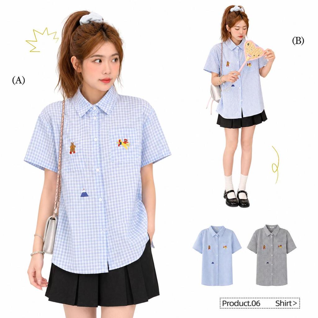 Chili Koko เสื้อเชิ้ตแขนสั้นผู้หญิง ลายตาราง สีพาสเทล ปักลายการ์ตูนน่ารัก ทรงหลวมใส่สบาย ปกเชิ้ตสไตล์นักเรียน w439