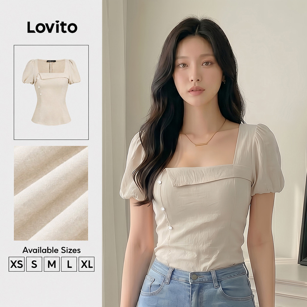 Lovito  เสื้อเบลาส์ลําลอง คอไม่สมมาตรจีบโครงสร้างแนวฤดูใบไม้ผลิ/ฤดูร้อน สีคากิ สําหรับผู้หญิง L177ED262