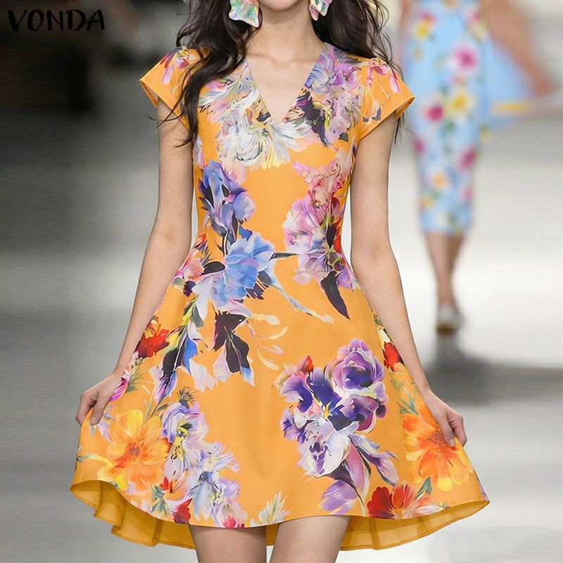 VONDA ผู้หญิงเกาหลี Elegant โรแมนติกปาร์ตี้ V คอ Fly Sleeve พิมพ์ลายดอกไม้ Flare A-Line Dresses — صورة 6