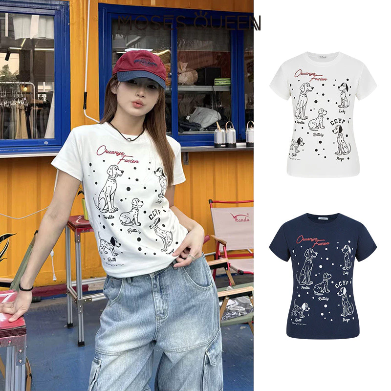 MOSESQUEEN เสื้อยืดแขนสั้นพิมพ์ลายสุนัขลายจุดดั้งเดิมอเมริกันสําหรับผู้หญิงฤดูร้อนเสื้อคอกลมสไตล์ใหม่ #63682