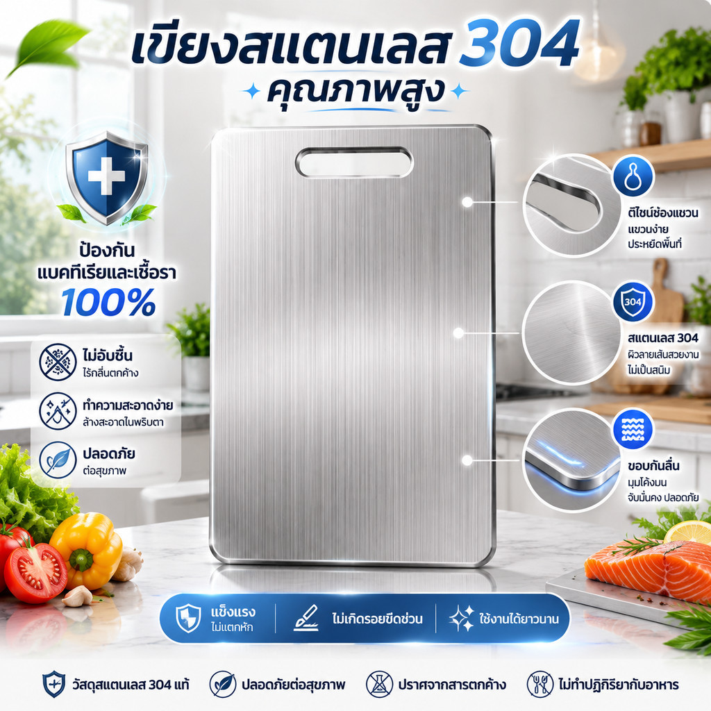 เขียงสแตนเลสหนา เกรดอาหาร ใช้ในครัว กันสนิม กันเชื้อ ไร้เศษติด ใช้งานง่าย สั่งเลย